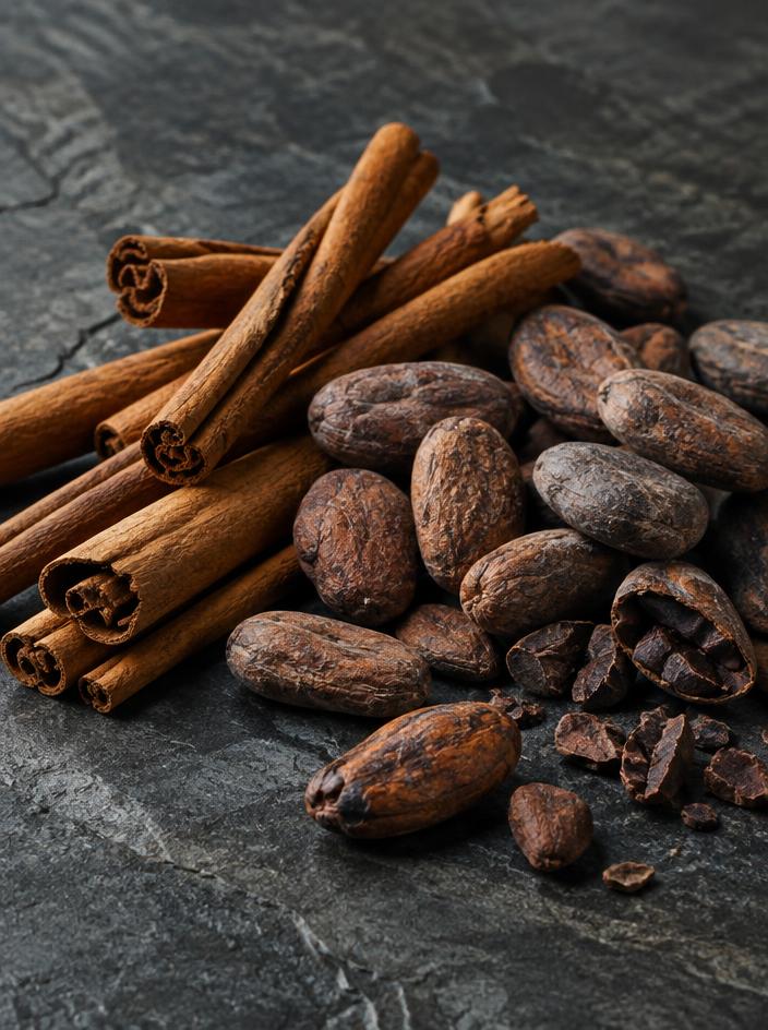 Cinnamon sticks and cacao beans on natural stone