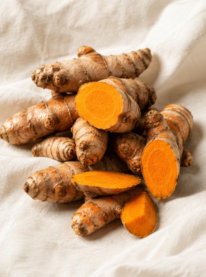 Fresh turmeric roots showing their golden interior